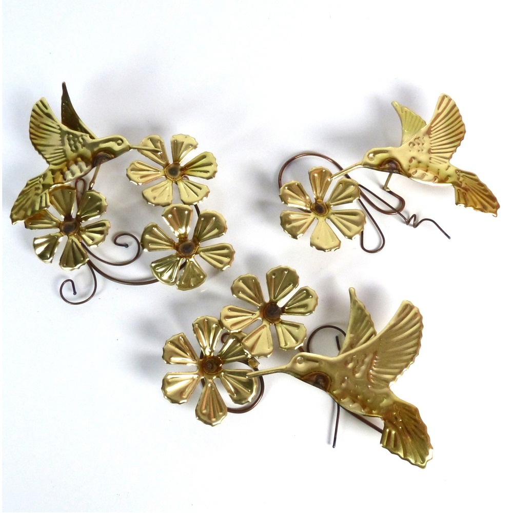 Vintage Home Interior Gold Metal Hummingbirds Flowers 3D Wall Decor Lot 3 Homco